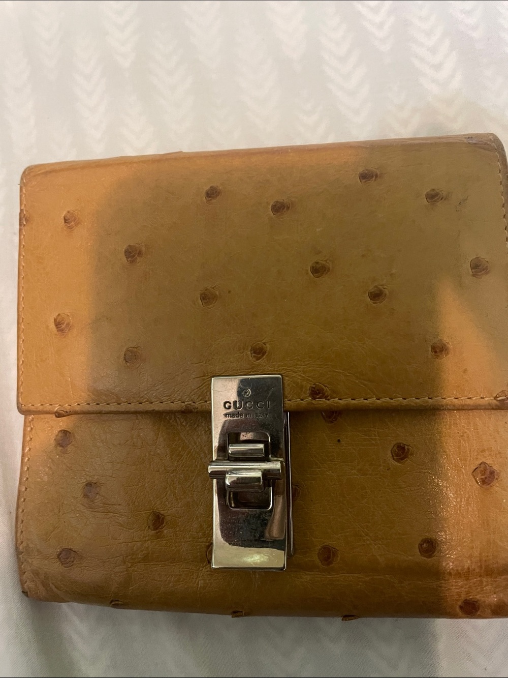 Gucci Tan Ostrich Leather Compact Wallet with Silver-Tone Push Lock